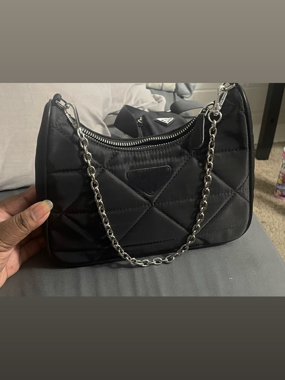 Black Quilted Shoulder Bag with Silver Chain Handle
